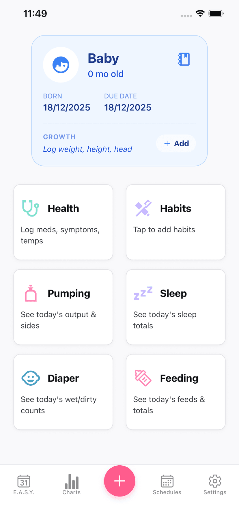 BabyEase app showing activity tracking