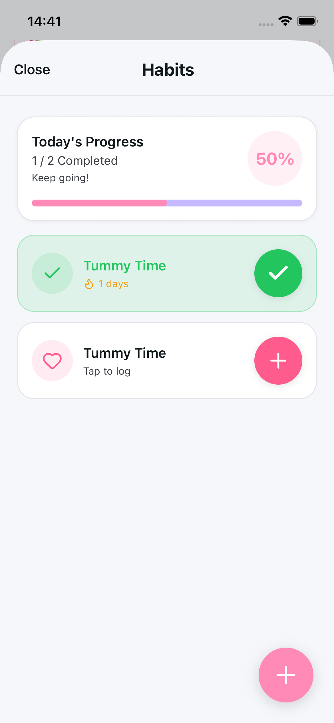 BabyEase habit tracking dashboard showing daily progress with Tummy Time habits