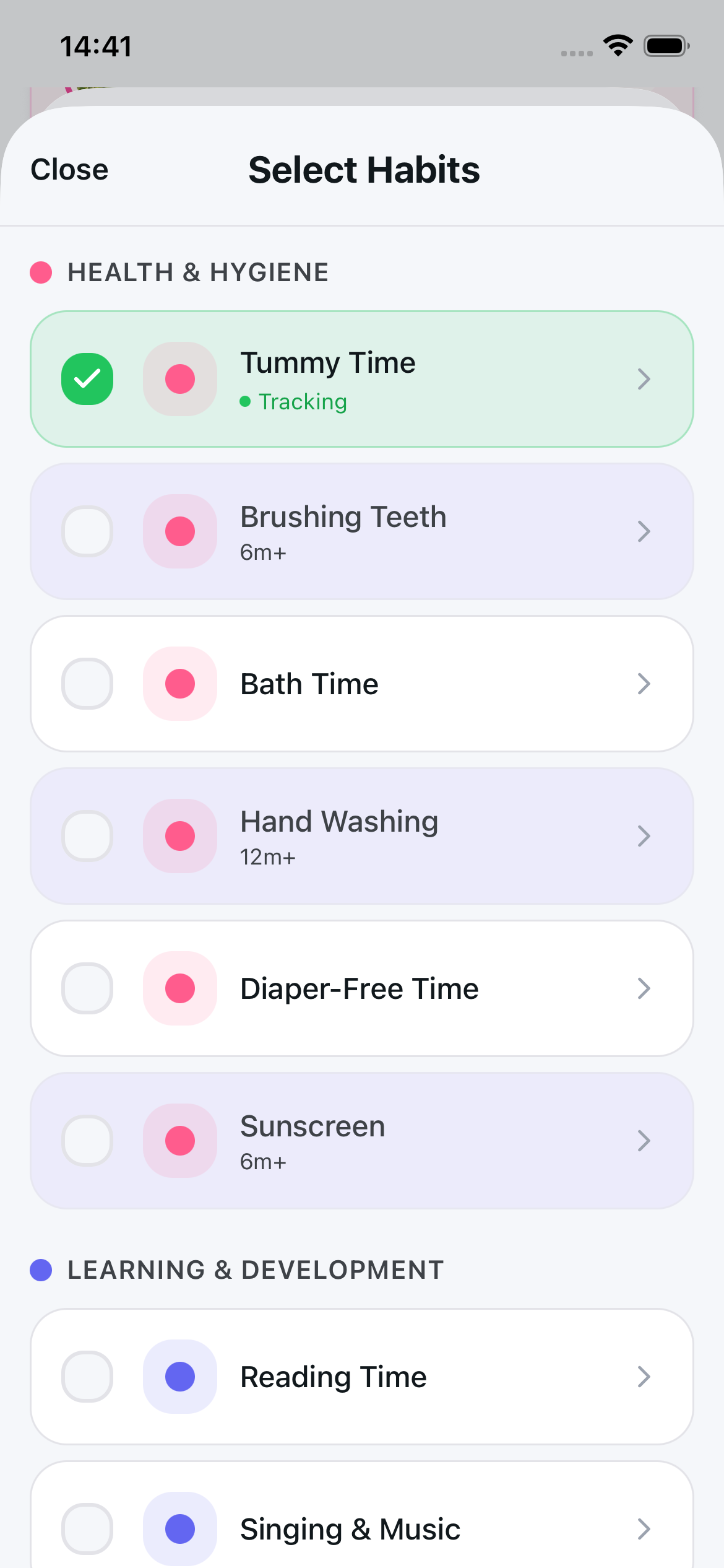 Habit selection screen showing categorized habits with age recommendations